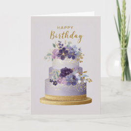 Cartão Bolo de Aniversário Floral Roxo e Dourado Elegante