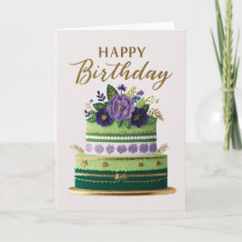 Cartão Bolo de Aniversário Floral Verde Roxo Dourado Eleg