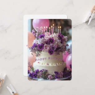 Cartão Bolo de Aniversário Hortênsias Roxas Violetas Aniv