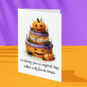 Cartão Bolo de aniversário no Halloween desejando um dia
