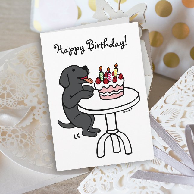 Cartão Bolo De Aniversário Plain Cartoon Labrador Preto (Birthday Cake Black Labrador Cartoon Birthday Card with plain white background for dog lovers.)