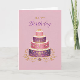 Cartão Bolo de Aniversário Rosa, Roxo e Dourado Elegante