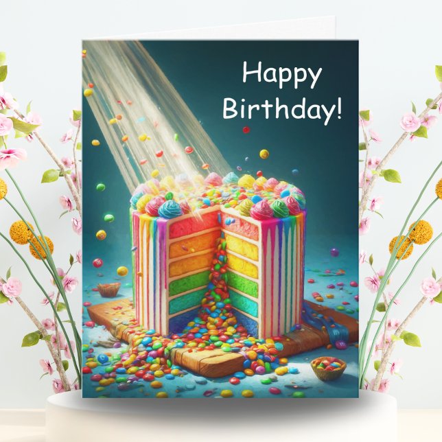 Cartão Bolo de Aniversário Surpresa Arco-íris (Vibrant hues cascade on this birthday card, a sweet surprise awaits inside.)