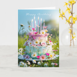 Cartão Bolo de Aniversário Velas Rosas Flores da Primaver