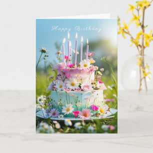 Cartão Bolo de Aniversário Velas Rosas Flores da Primaver