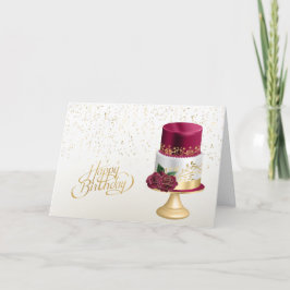 Cartão Bolo de aniversário vermelho Dourado Elegante
