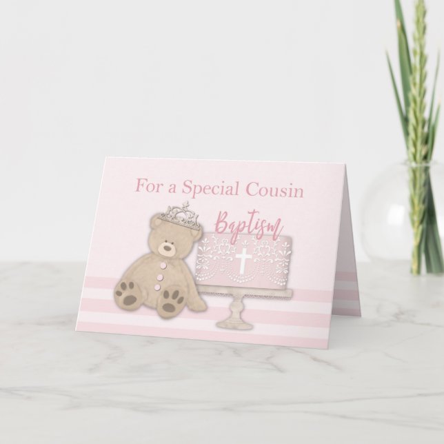 Cartão Bolo de Batismo do Primo Rosa Urso e Tiara (Frente)