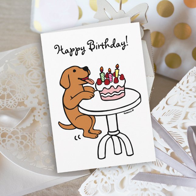 Cartão Bolo de Cartoon Vermelho Labrador de Bolo de Birth (Birthday Cake Fox Red Labrador Cartoon Birthday Card with plain white background for dog lovers.)