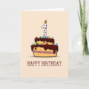 Cartão Bolo de Chocolate de 1º Aniversário com Vela Numér