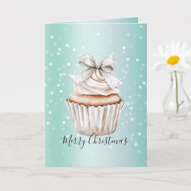 Cartão Bolo De Natal Com Pontos De Bokeh Branco Hortelã E (Planta pequena)