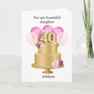 Cartão Bolo Rosa e Dourado de Aniversário de 40 anos