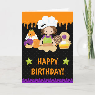 Cartão Bolos de Halloween Fazer Bruneta Feliz Aniversário