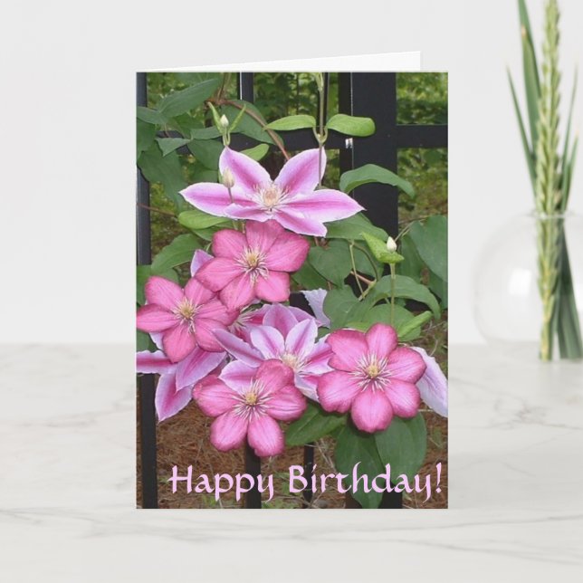 Cartão Bom aniversário! Placa Clematis Rosa (Frente)