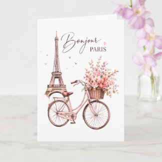 Cartão Bom dia Paris Torre Eiffel Bicicleta Saudação Flor