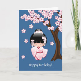 Cartão Boneca branca de Kokeshi do quimono - aniversário