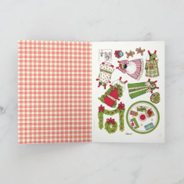Cartão Boneca de papel de Natal antiga com xadrez fofo no