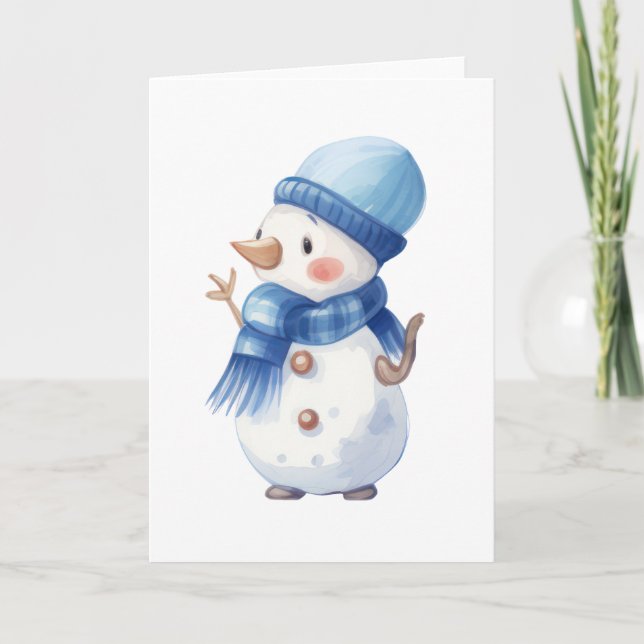 Cartão Boneco de Neve Aquarela com Cachecol e Chapéu Azul (Frente)