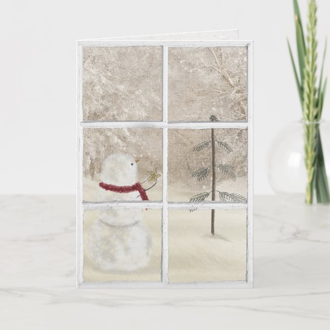 Cartão boneco de neve com estrela de Natal dourada na jan (Frente)