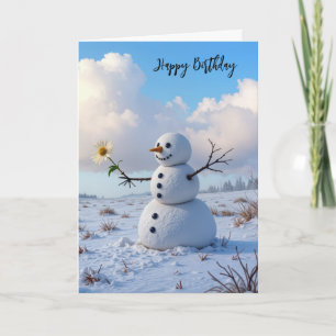 Cartão Boneco de Neve de Aniversário Segurando uma Margar