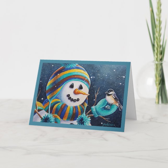 Cartão Boneco de Neve de Inverno Alimenta um Pássaro Chic (Frente)