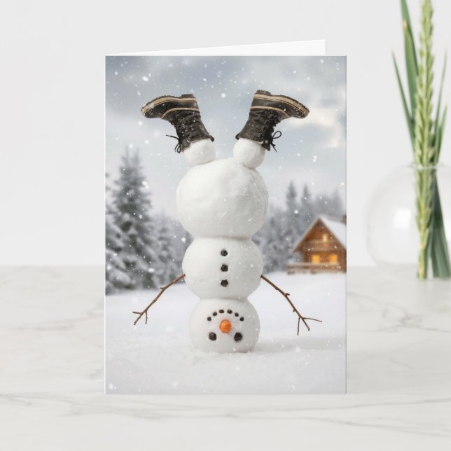 Cartão Boneco de Neve de Natal Fazendo uma Parada de Cabe (Frente)