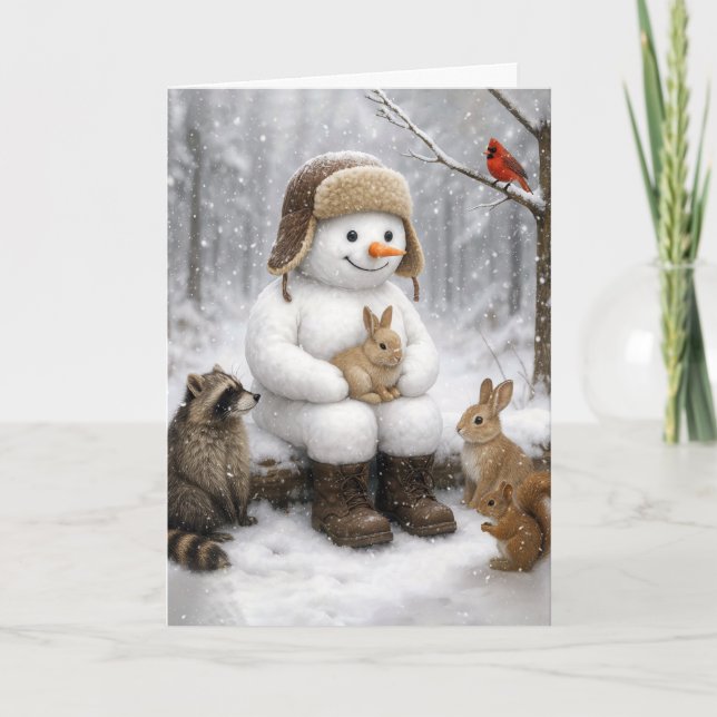 Cartão Boneco de Neve de Natal nos Bosques de Inverno com (Frente)