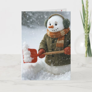 Cartão Boneco de Neve de Natal Removendo Neve