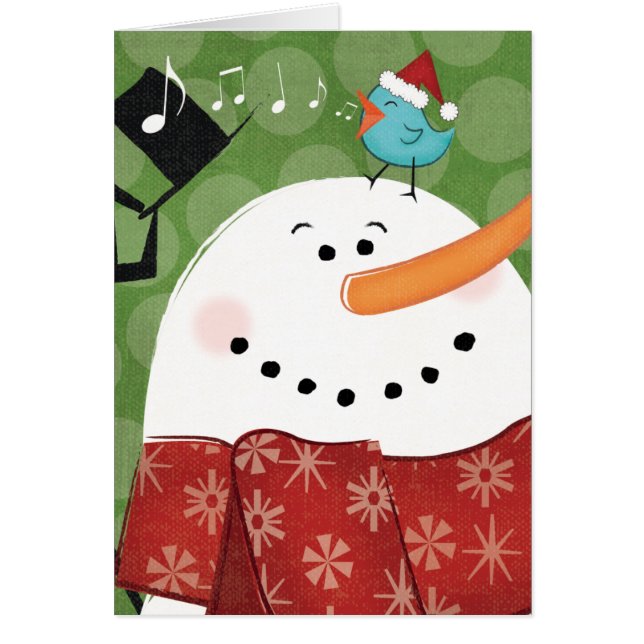 Cartão Boneco de neve do Natal com pássaro (Frente)