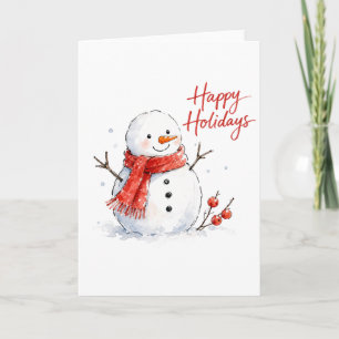 Cartão Boneco de Neve em Aquarela com Cachecol Vermelho