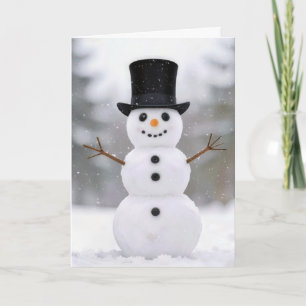 Cartão Boneco de Neve Feliz de Natal Usando um Chapéu-Coc