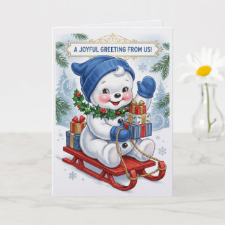 Cartão Boneco de Neve Fofo em Trenó de Natal