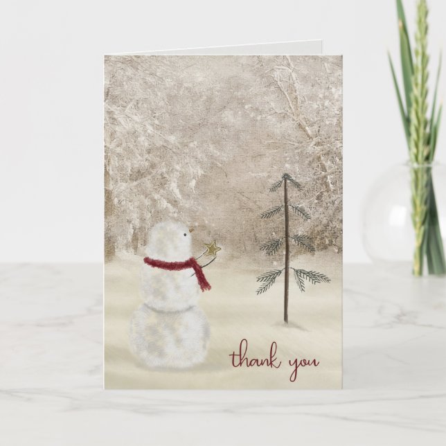 Cartão Boneco de Neve Obrigado com estrela de Natal (Frente)
