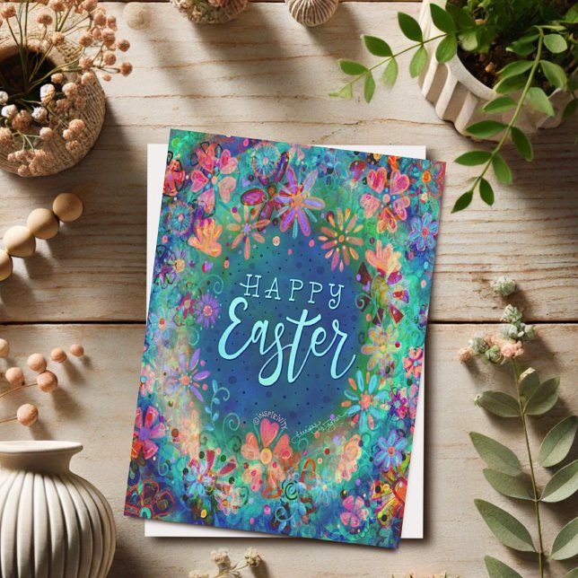 Cartão Bonita Azul  Floral Inspirivity Feliz Páscoa  (Criador carregado)