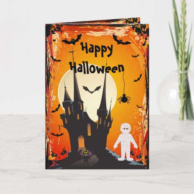 Cartão Bonita múmia, Bats & Castle Halloween Card (Frente)