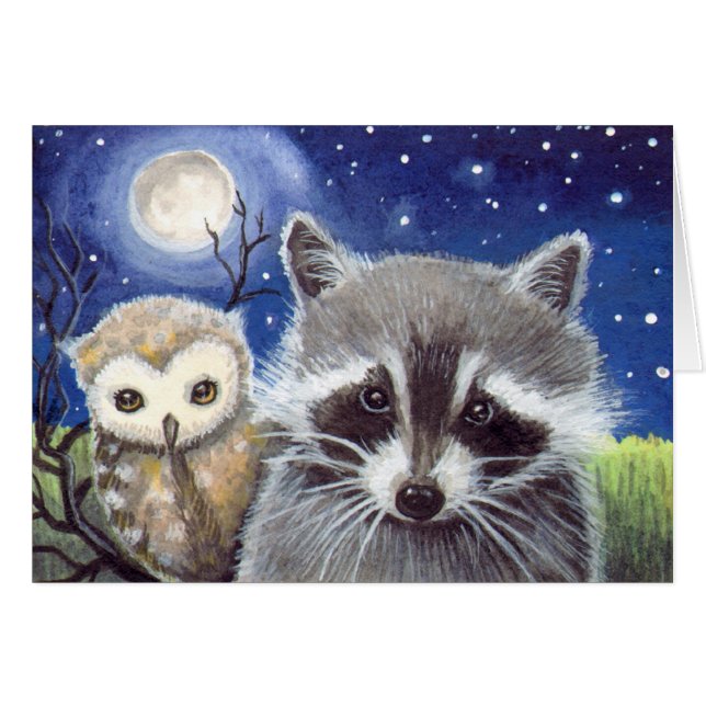 Cartão Bonita Raccoon e Coruja Fantasy Art (Frente Horizontal)