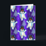 Cartão Bonito boneco de neve dançando azul de Natal<br><div class="desc">Um cartão de Natal brilhante e giro com um monte de bonecos de neve. Eles estão cercados por neve e bonito árvores de Natal metálicas prateadas. Atrás deles está um brilhante fundo azul. Este cartão de Natal bonito e colorido certamente colocará um sorriso no rosto de quem o receber.</div>