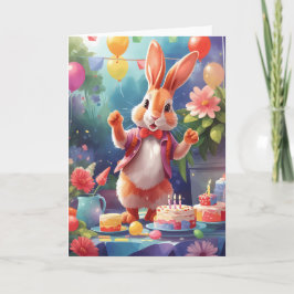 Cartão Bonito, coelhinho sorridente celebrando na mesa |
