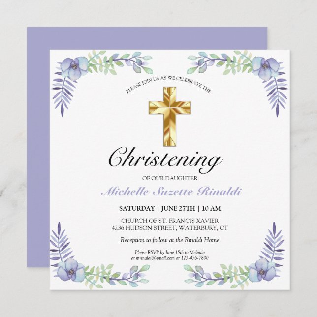 Cartão Bonito e Dourada Lavanda Floral Christening (Frente/Verso)