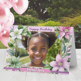 Cartão Bonito Floral Border Pink Flowers Feliz Aniversári