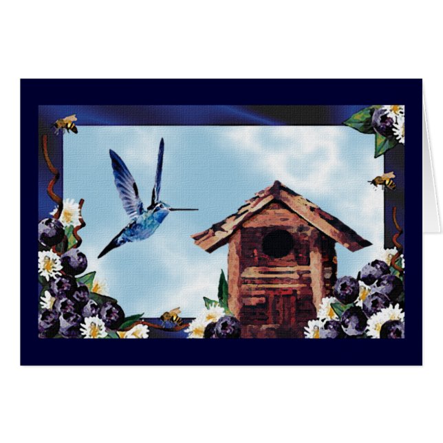 Cartão Bonito Hummingbird, Birdhouse e Blueberry (Frente Horizontal)