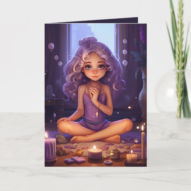 Cartão Bonito Meditação de Yoga Girl Purple Dourada Anive (Frente)