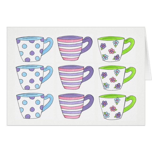 Cartão Bonito Pastel Teacups Tea Party Bolinhas Flor (Frente Horizontal)