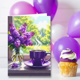 Cartão Bonito Roxo Lilacs e Café Feliz Aniversário Mãe