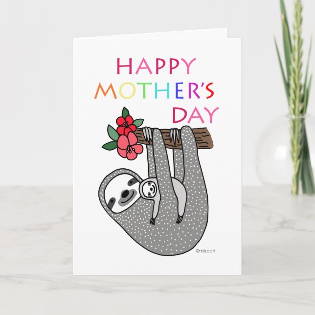 Cartão Bonito Sloth Mãe Bebê Dia de as mães Feliz Arco-Ír (Frente)