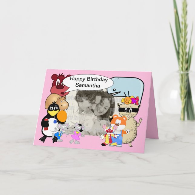 Cartão Bons animais de desenho animado a rosa (Frente)