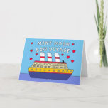 Cartão BonVoyage da Mini Lua<br><div class="desc">Um navio de cruzeiro de desenho animado com fumaça saindo dos funis. A fumaça soletra "Mini Moon Bon Voyage".</div>