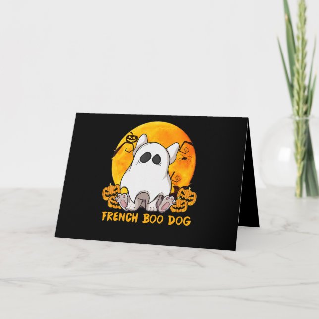 Cartão Boo Bulldog com Aranha de Abóbora e Lua (Frente)