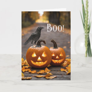 Cartão Boo Halloween Jack o'Lanterns e Raven