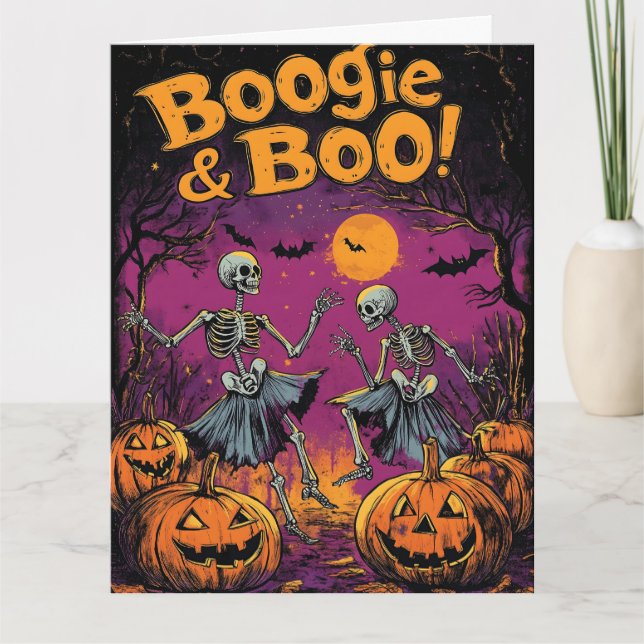 Cartão Boogie e Boo! - Halloween Skeletons e Pumpkins (Frente)