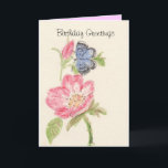 Cartão Borboleta azul bonito na flor cor-de-rosa<br><div class="desc">Flores cor-de-rosa selvagens pintadas e uma borboleta azul no cartão de aniversário. Adicione nomes e outros detalhes.</div>
